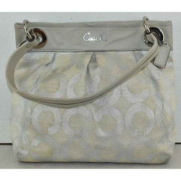 Coach Handbags - Coach Womens Ashley Signature Op Art Hippie Purse Silver Cream Shoulder Handbag